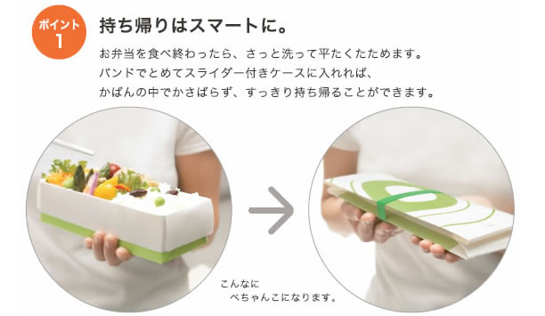 ポイント1
持ち帰りはスマートに。
お弁当を食べ終わったら、さっと洗って平たくたためます。
バンドでとめてスライダー付きケースに入れれば、かばんの中でかさばらず、すっきり持ち帰ることができます。