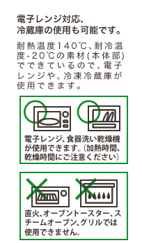 電子レンジ対応、冷蔵庫の使用も可能です。耐熱温度140℃、耐冷温度-20℃の素材(本体部)でできているので、電子レンジや、冷凍冷蔵庫が使用できます。